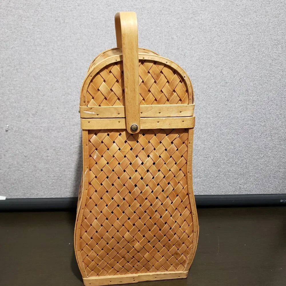 Wicker Weaved Tan  Wine Carrier / Storage Basket with Holder & Latch